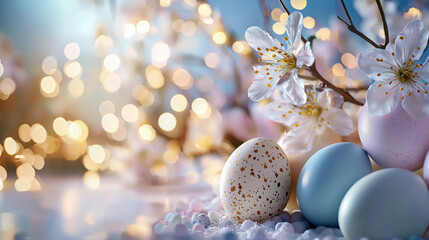 Obraz premium Easter celebration with pastel eggs and flowers in the breeze