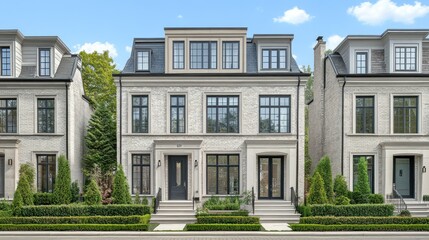 Elegant and modern townhouses stand under a clear blue sky