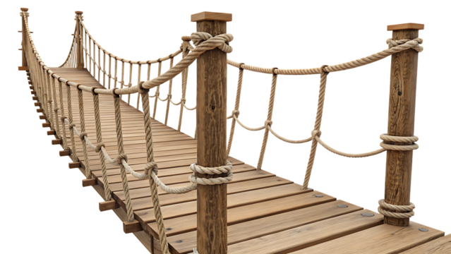 3d model of a wooden rope bridge multiple angle isolated on white background, PNG