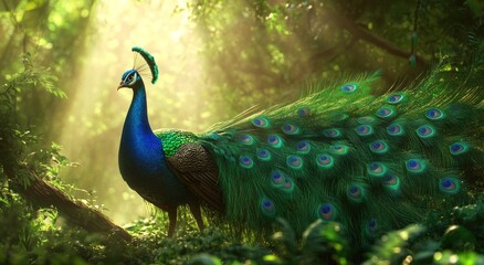 Obraz premium A beautiful peacock with vibrant feathers stands in the sunlight