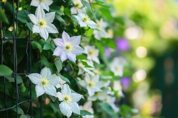 Fototapeta premium A view of white clematis flowers climbing a dark wire fence in a garden with soft green background