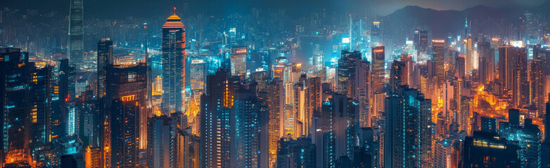 Naklejka premium Illuminated Cityscape at Night - A breathtaking panoramic view of a city skyline at night, symbolizing urban development, technological advancement, human ambition, vibrant energy