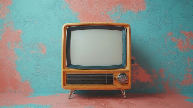 Vintage green and orange retro television set flat lay illustration with blank screen on pastel background - nostalgic 70s style TV design for retro themes and vintage decor
