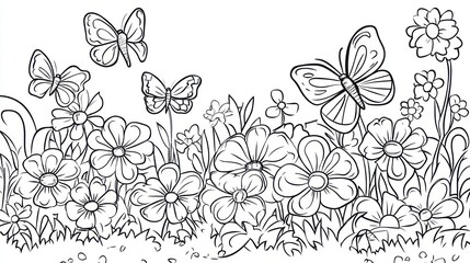 Black and white flowers and butterflies, spring scene, kids coloring, printable