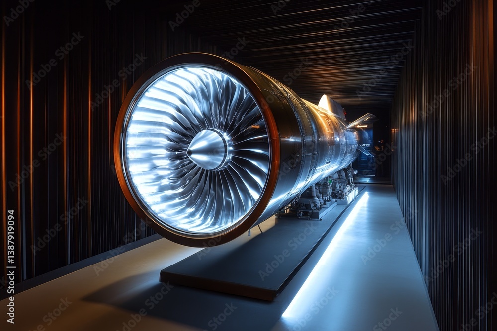 Poster jet engine showcase - a large jet engine is displayed on a pedestal in a modern, dark setting. the e