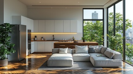 Modern minimalist apartment interior featuring herringbone wood floors, white walls and city view through window - Kitchen and dining area with refrigerator and blank wall space for mockup text
