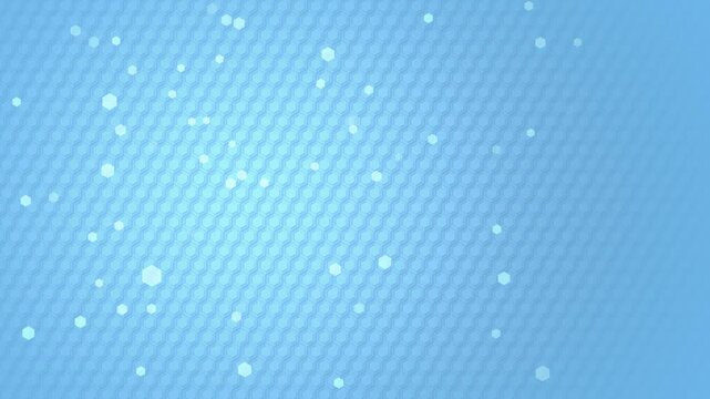 Bright blue medical background. Seamless animation loop of floating hexagon particles in front of light hex grid backdrop.