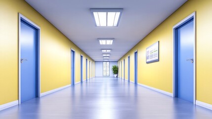 Fototapeta premium Long Corridor with Yellow Walls and Blue Doors - Modern architecture, minimalist design, clean lines, bright lighting, and tranquil atmosphere. Symbolizing efficiency, order, clarity, progress