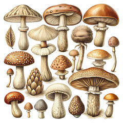 Mushroom Identification Guide: 20+ Types of Fungi isolated on transparent background