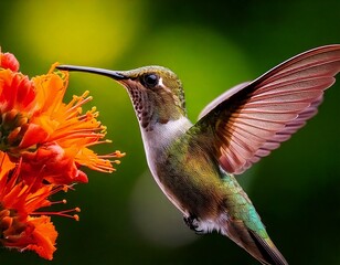 Fototapeta premium Hummingbird captured in mid-flight, feeding from tropical flower, wings blurred