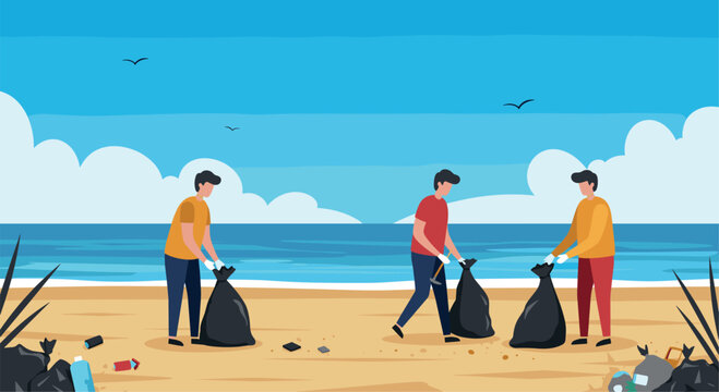 People picking up trash on sandy beach with blue sea background. World Environment Day