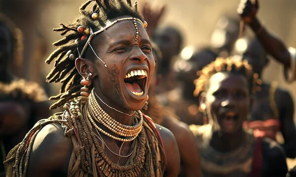 Young tribe man with head decoration, shaman dancing 
