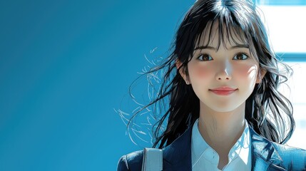 Cheerful black-haired businesswoman in suit confidently walking towards camera holding bag on flat blue background in bold colors for corporate and career themed designs
