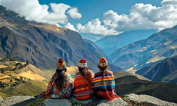 Indigenous peoples of Peru, Young women  in traditional clothes are sitting on stone and admiring landscape