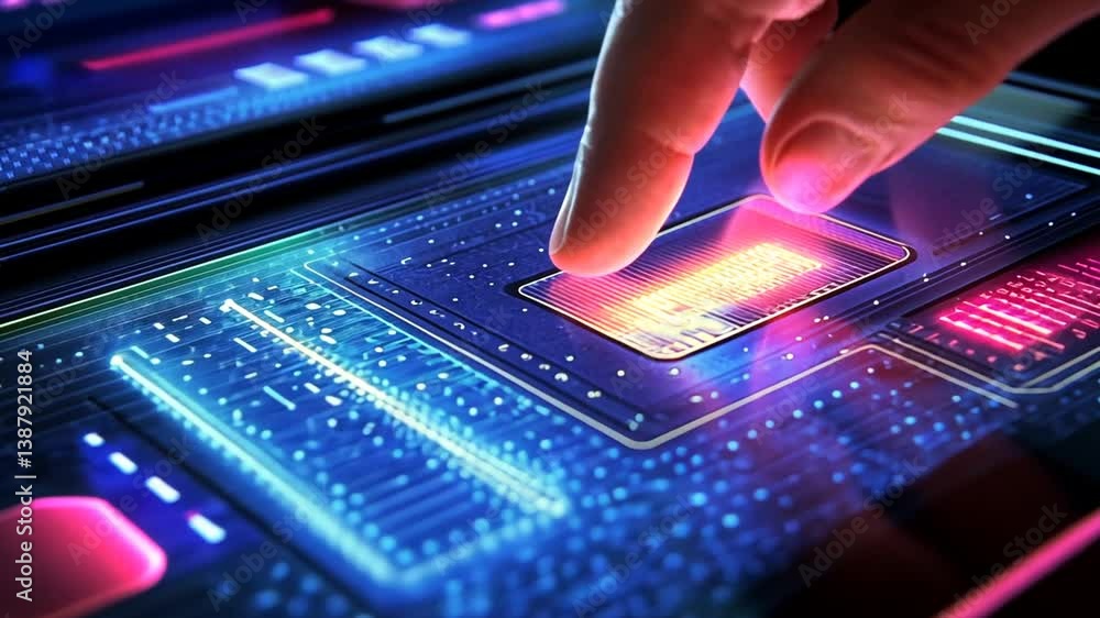 Poster hand interacting with a colorful touch screen interface display generative ai