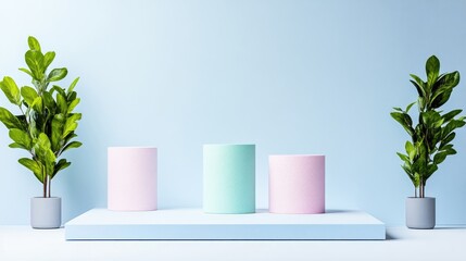 Three pastel-colored cylindrical objects displayed on a minimalist white podium, flanked by two green potted plants, set against a light blue background, and modern and serene composition.