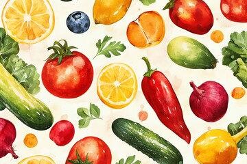 A colorful watercolor painting of fresh fruits and vegetables like tomatoes, lemons, peppers, and cucumbers Perfect for food blogs, recipe websites, or kitchen decor