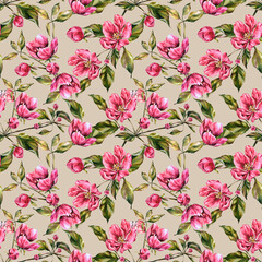Watercolor seamless pattern apple tree branch with blooming pink flowers, green leaves, and buds. Hand painted botanical set for invitations, cards, spring designs, packaging, textile, wrapping paper