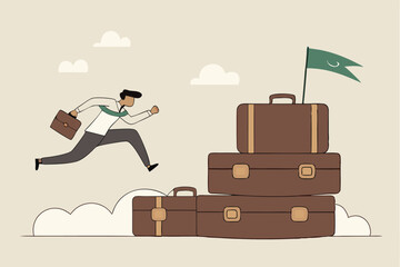 Career growth development plan, job promotion or motivation to achieve work target, stair step to success, ambition concept, businessman professional step up briefcase stair to reach goal on top.