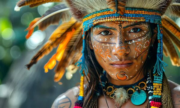 Young Mayan man wearing traditional feathers head crown, face painting and tattoo decoration. History, traditions and Inca, Aztec culture concept portrait