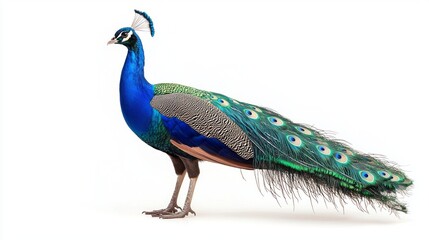 Naklejka premium A blue and green peacock stands on a white background