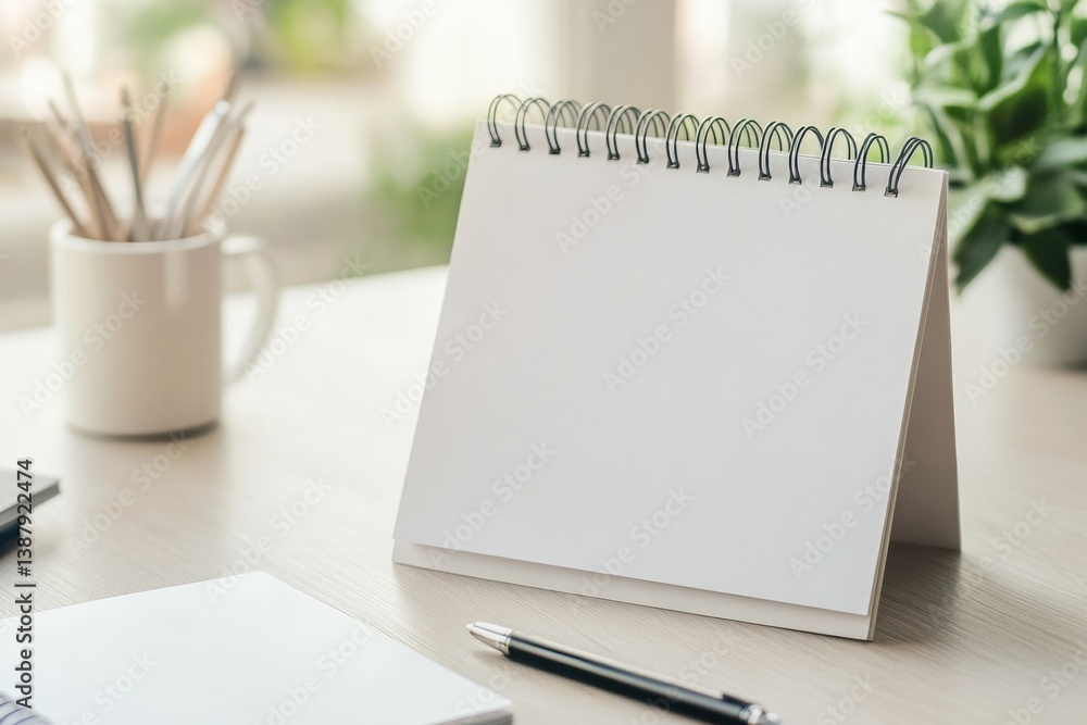 Poster Modern desk calendar with blank grid and soft neutral tones on minimalistic workspace with greenery