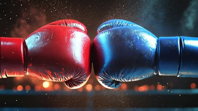Clash of Titans: Intense studio shot of red and blue boxing gloves in mid-air, colliding with each other, a visual representation of a fierce competition and a head-on fight.