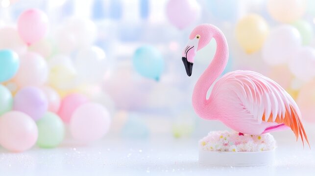 A pink flamingo figurine sits on a small, white cake-like base. Pastel balloons form a blurred background. The image is high-resolution with soft, natural lighting. Its style is whimsical and charmin