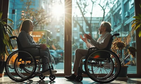 Disabled people in wheel chairs are talking in front of big panoramic winnow with city view at sunset 