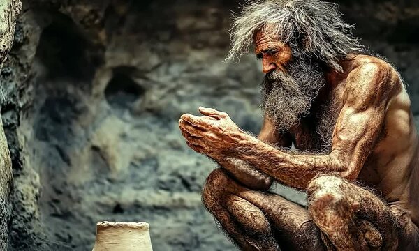 Face reconstruction of prehistorical time human, homo sapience as in museum