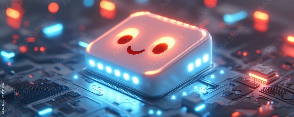 Poster Smiling AI chip on a futuristic circuit board with glowing lights