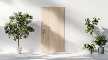 A light-toned wooden door is centrally positioned against a white wall. Two potted plants flank the door, adding to the minimalist aesthetic. The image is high-resolution, with natural lighting creat