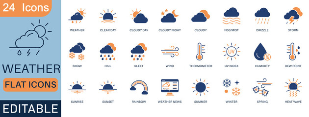 Set of 24 flat weather icons in colorful modern style. Includes sun, rain, snow, storm, UV, thermometer, seasons, and more. Ideal for apps, UI dashboards, and climate infographics.