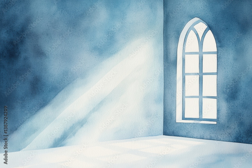Poster a serene blue room with soft light streaming through an ornate window, creating a tranquil and airy 