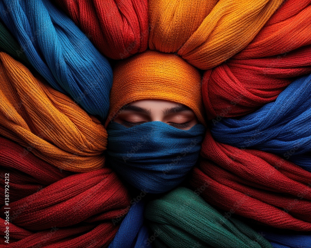 Poster a vibrant artwork featuring a person wrapped in colorful knitted fabrics, creating an abstract and v