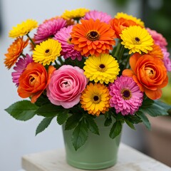 Fototapeta premium Vibrant Spring Flower Bouquet in a Green Pot