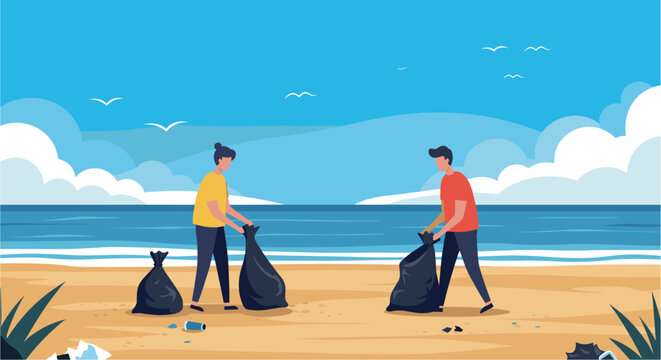 People picking up trash on sandy beach with blue sea background. World Environment Day