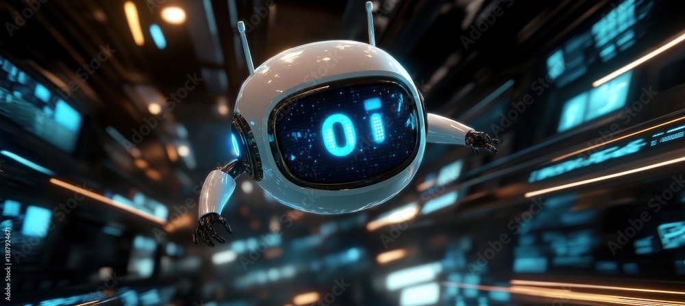 Poster futuristic floating robot exploring a neon-lit digital environment with high-tech details