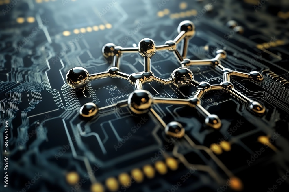 Poster nanotechnology molecular structure on circuit board - futuristic nanotechnology concept. symbolizes 