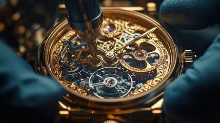 Watchmaker repairing intricate gold timepiece mechanism