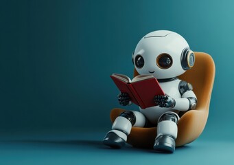 Adorable robot reading a book in a cozy modern chair