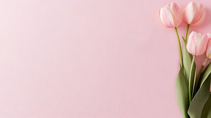 Fototapeta premium Minimal flat lay composition with pink heart-shaped paper and fresh tulips on right side over soft pastel background, perfect for romantic, spring, and celebration themed creative designs