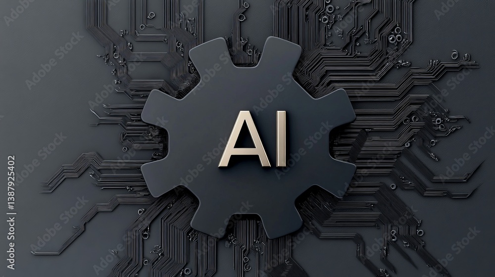 Poster metal gear with ai symbol and circuit background in tech concept