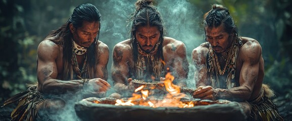 Three figures around a fire