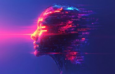 Digital depiction of an AI head glowing in vibrant energy
