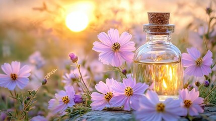 Sunset-lit cosmos flowers surround a glass bottle of essential oil