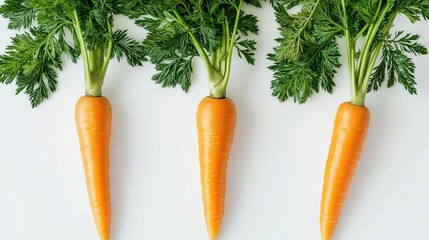 A group of three large, orange carrots with their green leafy tops intact, placed side by side, isolated on a white background.

