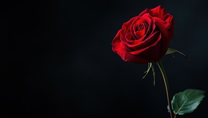 A Singular Red Rose Isolated Against A Black Background