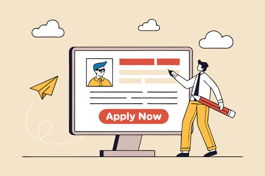 Online job application, career or employment submission form, candidate recruitment, job search or resume and CV document upload concept, businessman hold pencil fill in computer job application form.