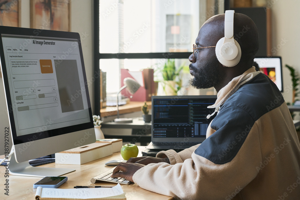 Poster side view of young african american male designer in headphones looking at computer screen with visu